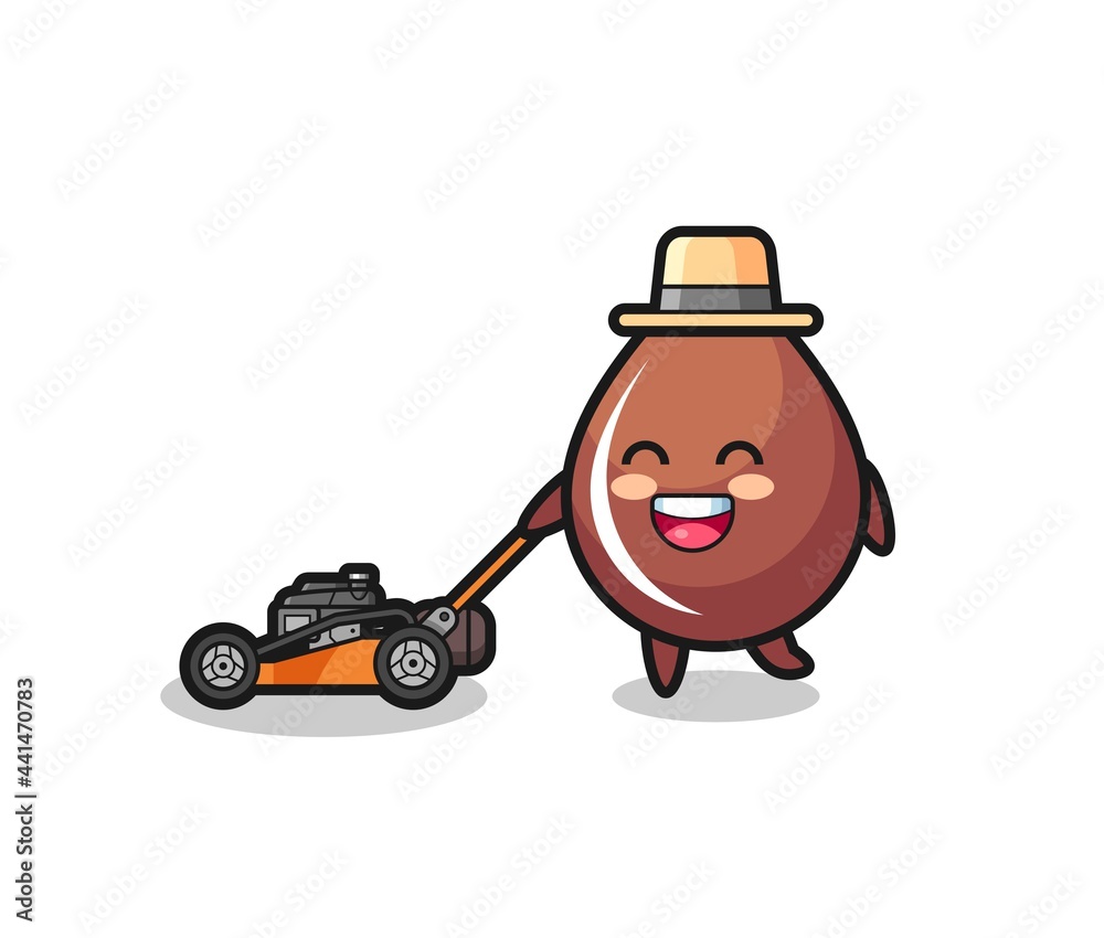 illustration of the chocolate drop character using lawn mower illustration of the chocolate drop character using lawn mower