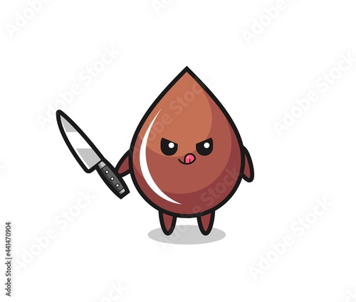 cute chocolate drop mascot as a psychopath holding a knife