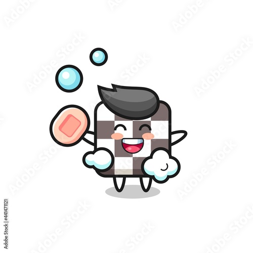 chess board character is bathing while holding soap