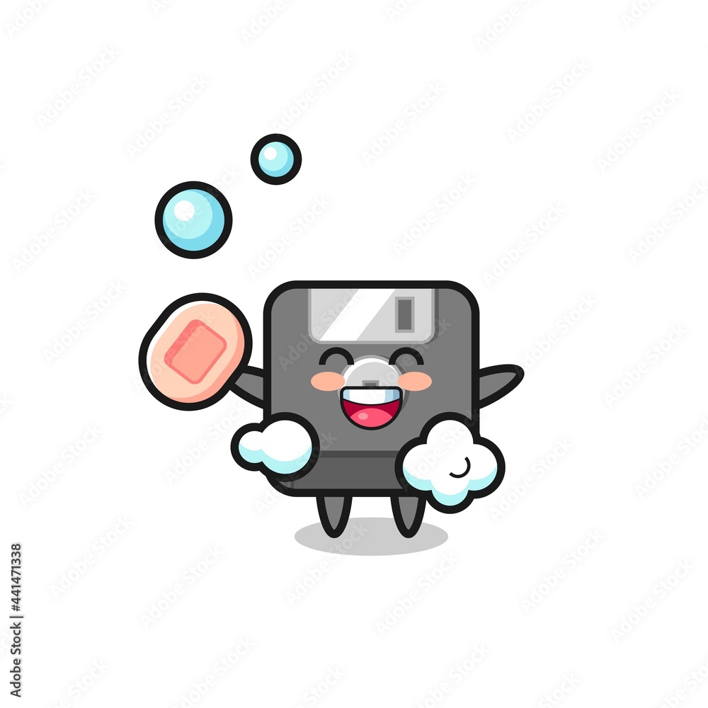 floppy disk character is bathing while holding soap