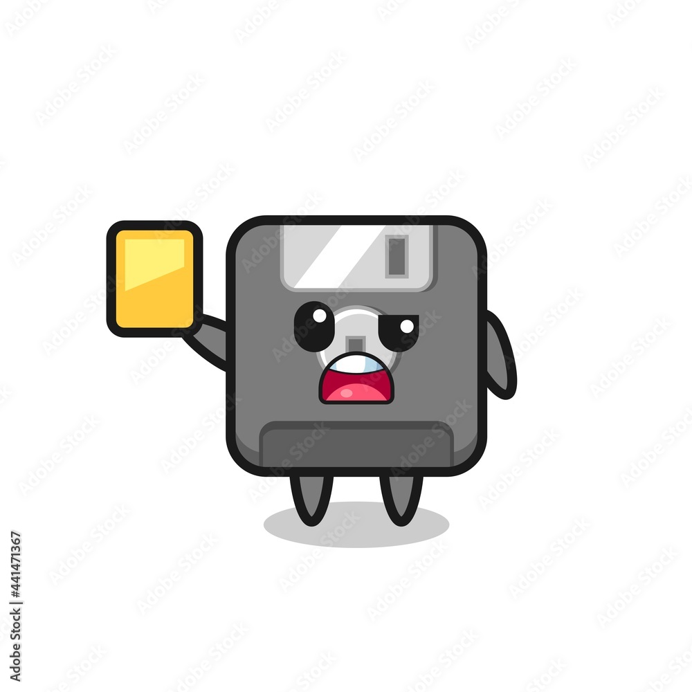 cartoon floppy disk character as a football referee giving a yellow card cartoon floppy disk character as a football referee giving a yellow card
