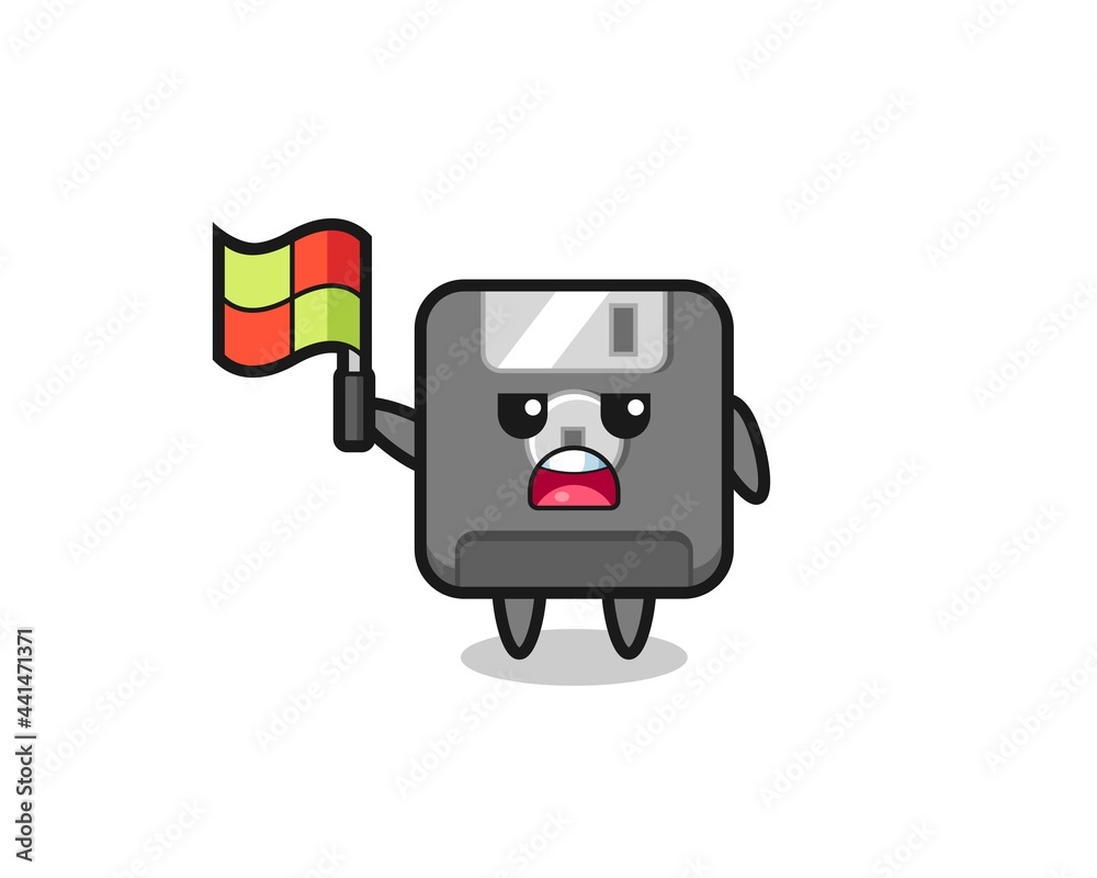 floppy disk character as line judge putting the flag up