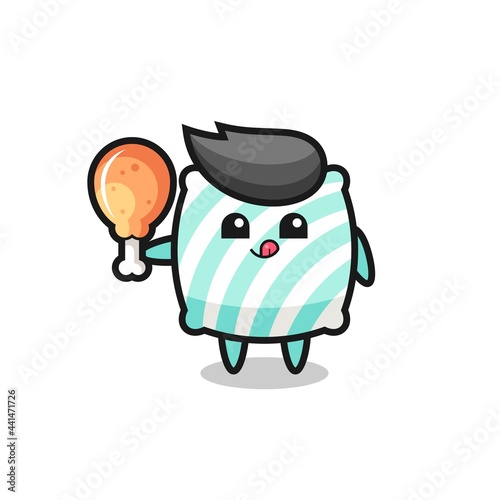 pillow cute mascot is eating a fried chicken