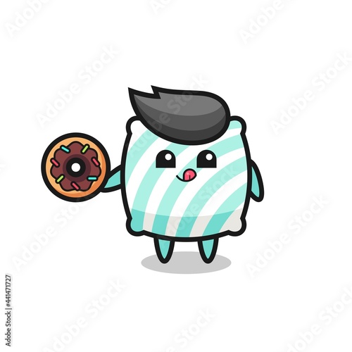 illustration of an pillow character eating a doughnut