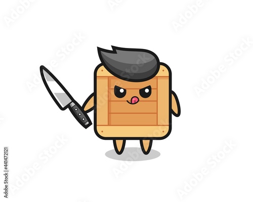 cute wooden box mascot as a psychopath holding a knife