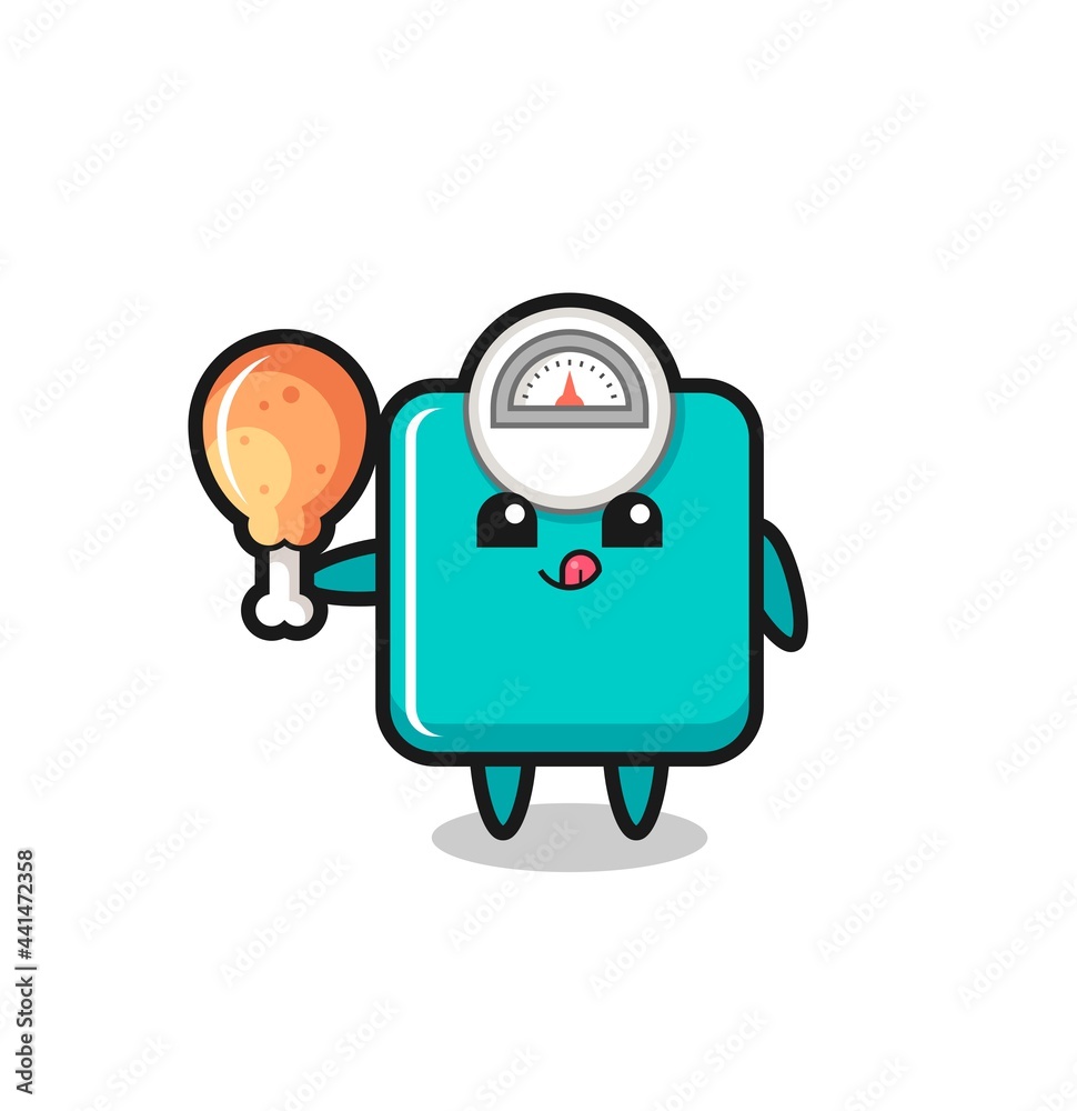 Fototapeta premium weight scale cute mascot is eating a fried chicken