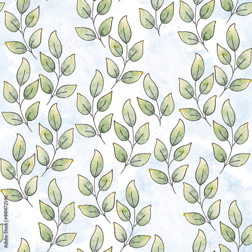 Watercolor Illustration  green stems and leaves on a background of blue watercolor stains. Seamless pattern for design.