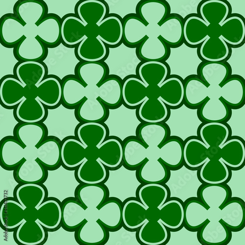 Green clevers pattern. Vector seamless clover four petals wallpaper.