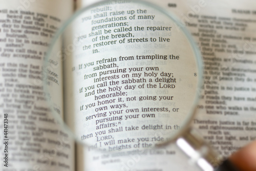 Keep the Seventh Day Sabbath, God's Holy Day of rest. Trust and obey God's commandments. Biblical Law background concept. Prophet Isaiah 58 Bible book. True fasting.