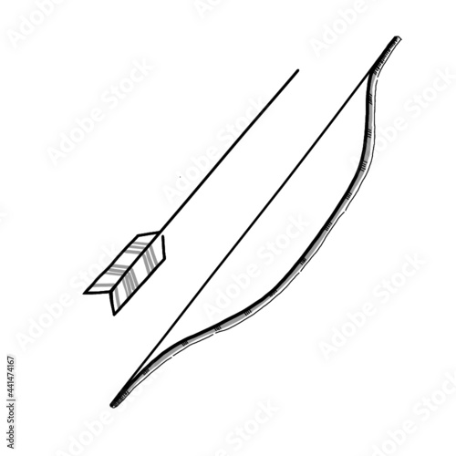Hand drawn illustration of arrow and bow from the Japanese martial art of archery in simple icon drawing 
