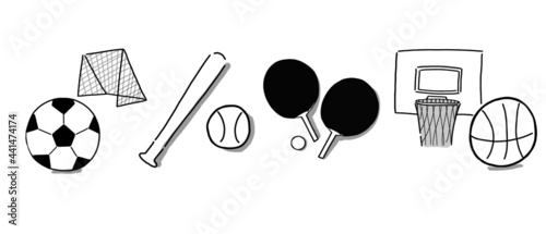 Hand drawn illustration of icon set of basketball, baseball, soccer, and ping-pong goods in simple drawing 