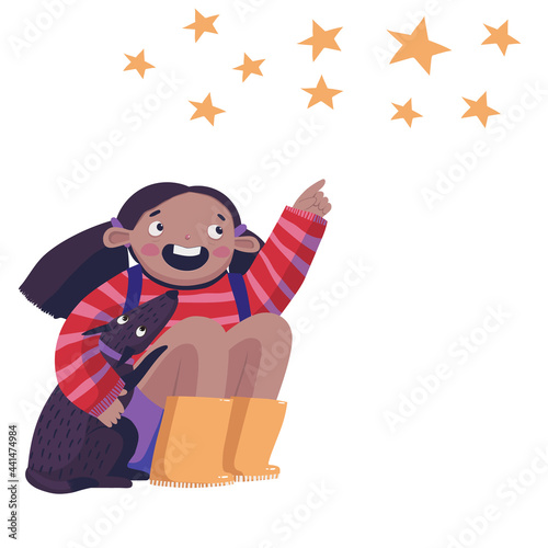 Girl with a dog looking at the stars illustration