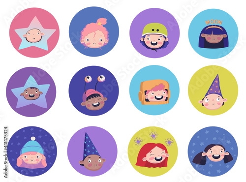 Colorful vector tags with kids faces