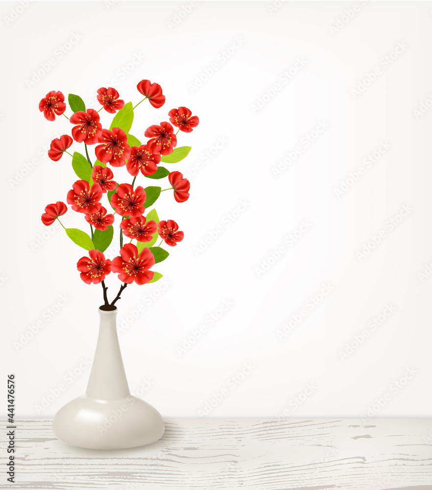 Branches of Red Flowers in Vase. Vector illustration
