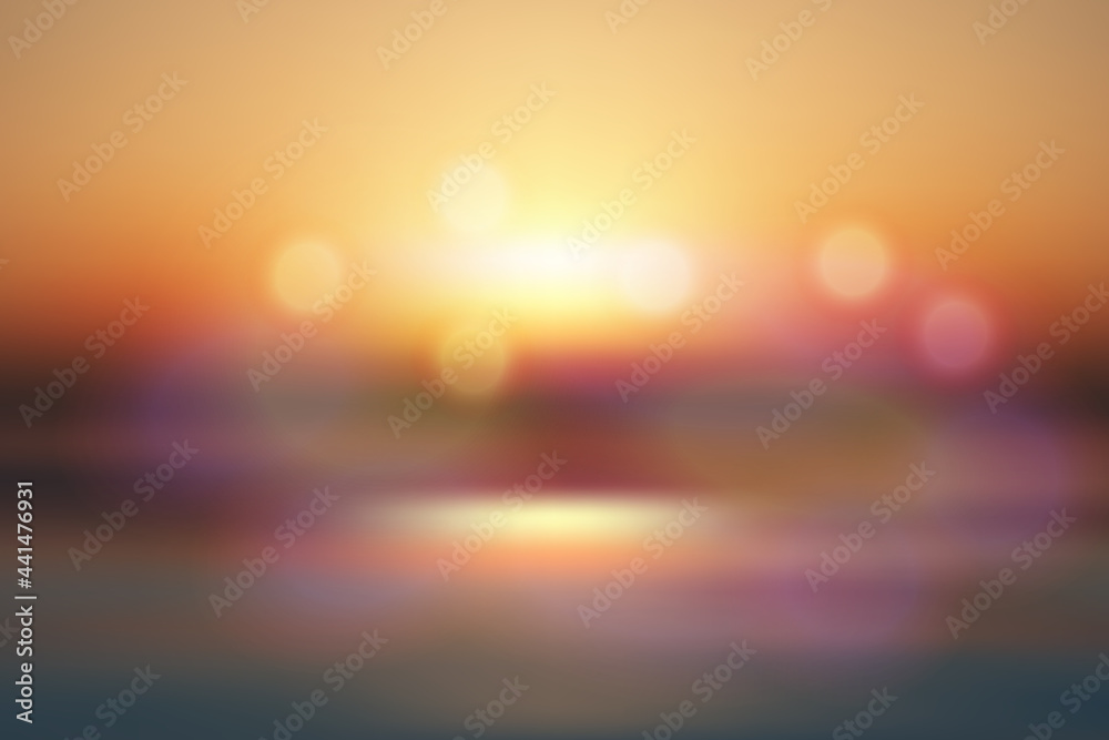 Soft yellow and brown color vector abstract background for webdesign, poster, banner. Horizon with ocean, beach, sky, sun shine and flares. Wallpaper of sunset. Template for summer sale poster EPS10