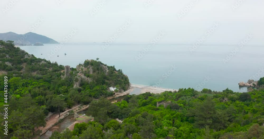 Beautiful Aerial View Of Cleopatra Beach In Phaselis Kemer, Antalya, Turkey. Beautiful Aerial View Of Cleopatra Beach In Phaselis Kemer, Antalya, Turkey.