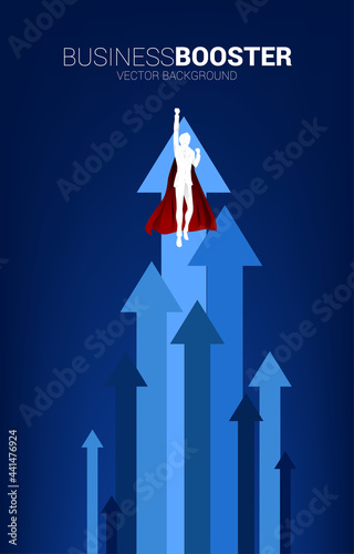 Silhouette of businessman flying to higher with arrow. Concept of boost and growth in business.