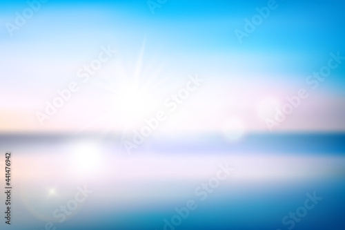 Soft blue and white color vector abstract background for webdesign, poster, banner. Horizon with ocean, sky, sun shine and flares. Modern wallpaper with gradient. Template for summer sale poster EPS10