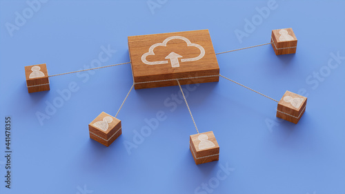 Data storage Technology Concept with cloud upload Symbol on a Wooden Block. User Network Connections are Represented with White string. Blue background. 3D Render. photo