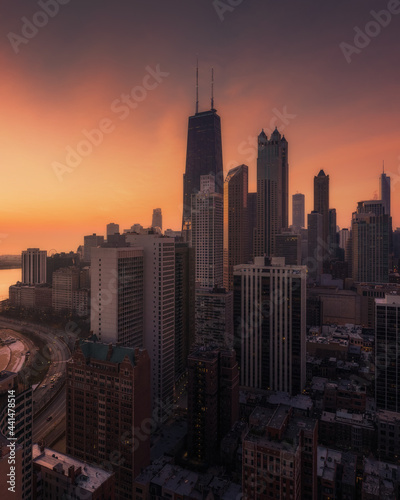 Chicago Sunrise Aerial Drone View of Downtown with Skyscrapers