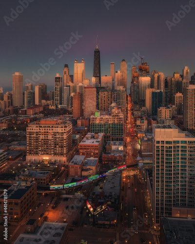 Chicago Aerial City Skyline View and Streets at Sunset photo