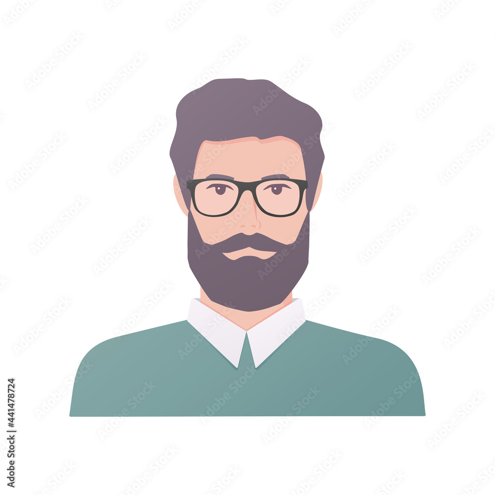 A man with a big beard.  Colored flat vector illustration. Isolated on white background.