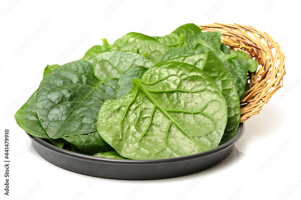 Stack of fresh malabar spinach vegetable leaves on white background Stack of fresh malabar spinach vegetable leaves on white background