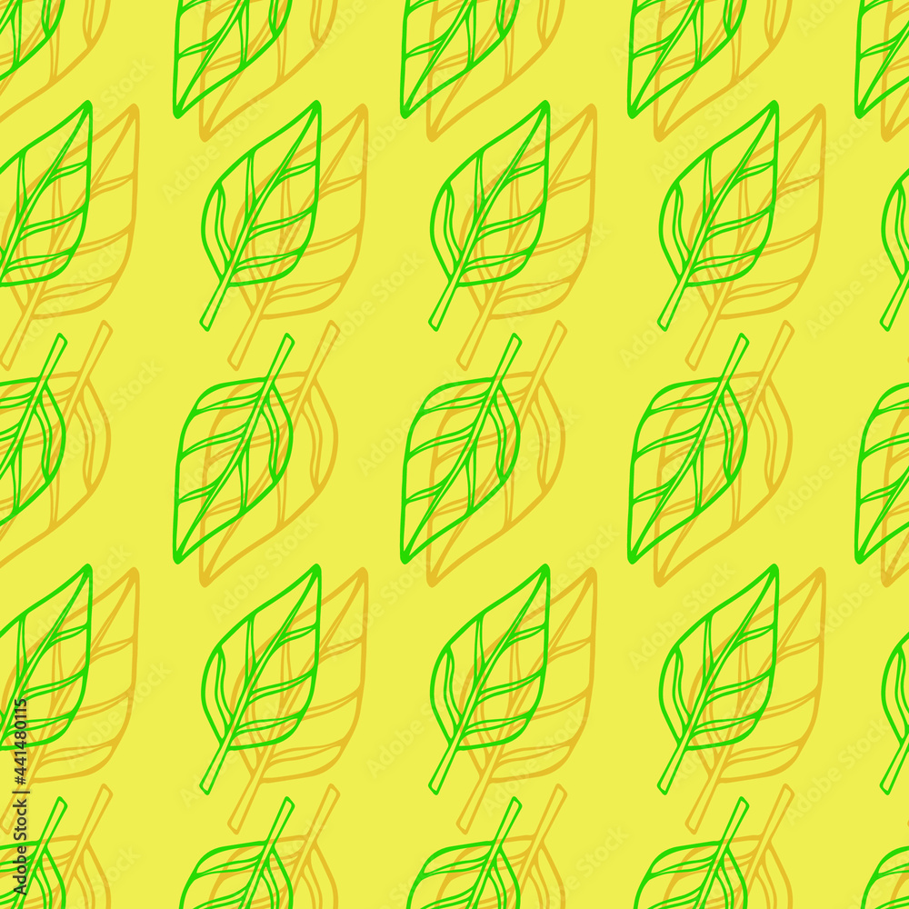 Seamless pattern of hand drawn elegant tree leaves isolated green on yellow background. Vector illustration Seamless pattern of hand drawn elegant tree leaves isolated green on yellow background. Vector illustration