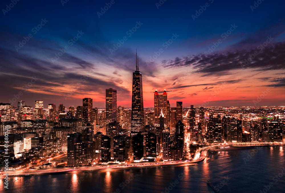 Naklejka premium Chicago aerial view at night
