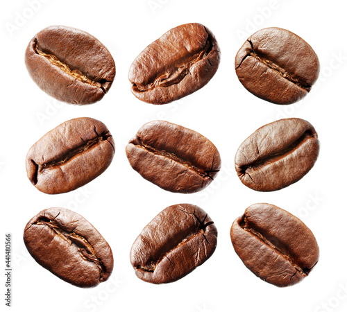 Coffee beans isolated on white background. Each bean have to clipping path on white background
