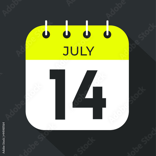 July day 14. Number fourteen on a white paper with yellow color border on a black background vector.