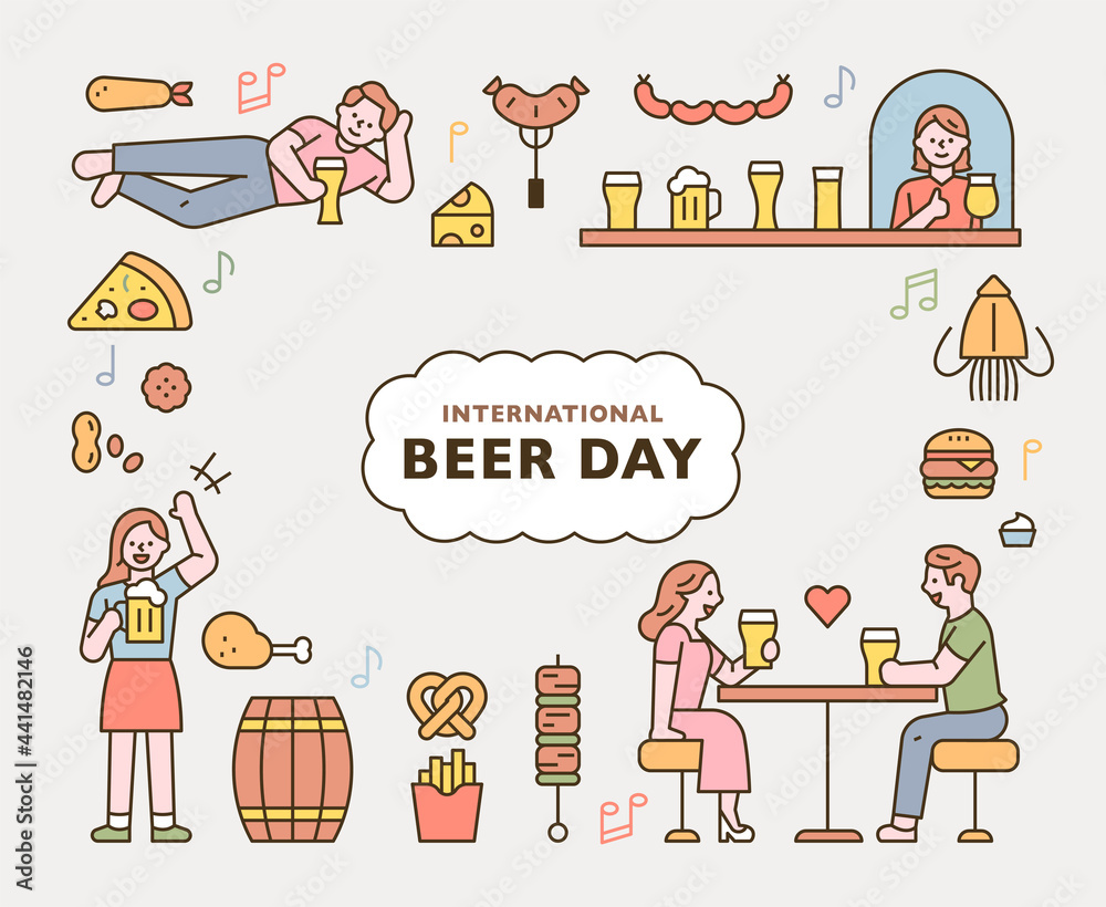 beer day. People drinking beer in pub and various food icons. flat design style minimal vector illustration.