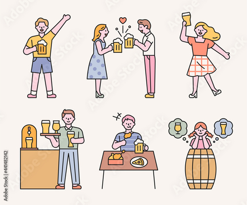 beer day. Lots of people drinking beer in the pub. flat design style minimal vector illustration.
