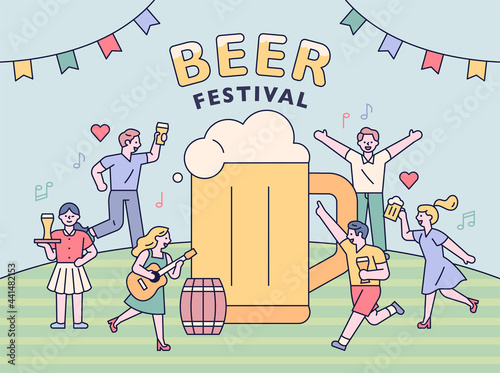 Beer festival poster. People are having fun drinking beer and partying around huge beer mugs. flat design style minimal vector illustration.