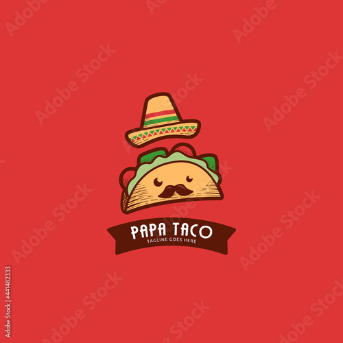 Cute papa taco mascot logo with mexican hat and moustache in vintage retro style hatching