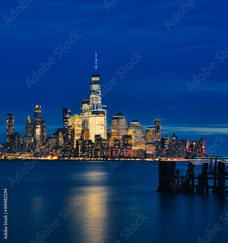 city skyline at night beautiful New York reflection sea sky blue skyscraper views 