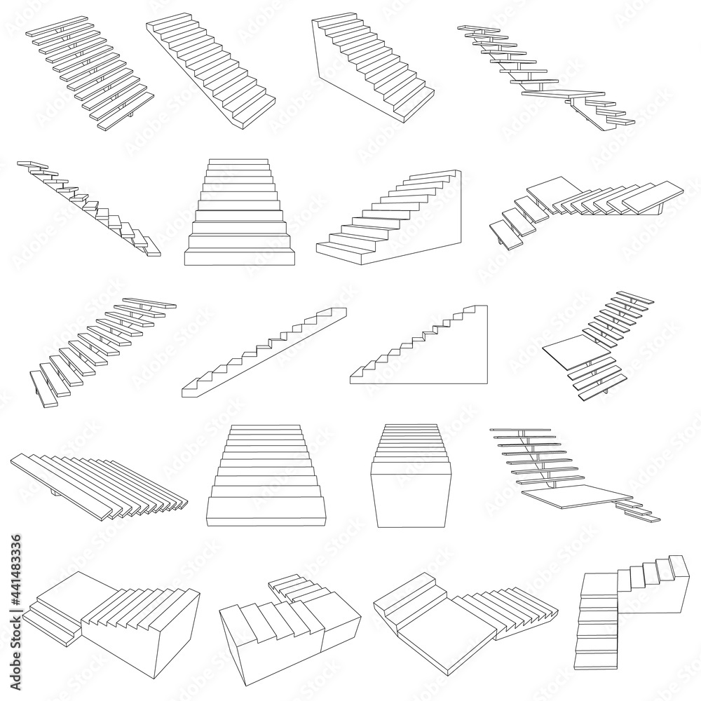 Set with contours of stairs of different types isolated on white background. Vector illustration