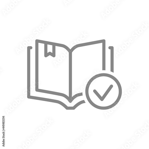 Open book with tick checkmark line icon. Book verification, library symbol