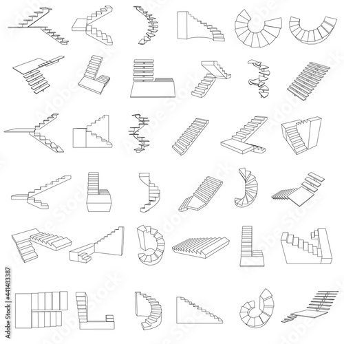 Set with contours of stairs of different types isolated on white background. Vector illustration