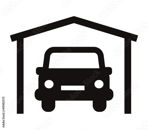 自動車と車庫のシンプルなアイコン/白背景