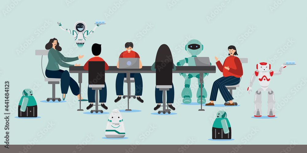 Flat illustration. Robots helping to serve water to company employees who are meeting in the room. Which is an innovation in the future where robots will play a role in human society.