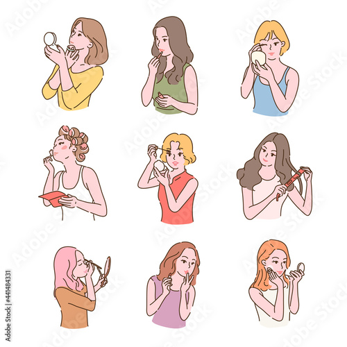 Women doing makeup and styling hair. hand drawn style vector design illustrations. 