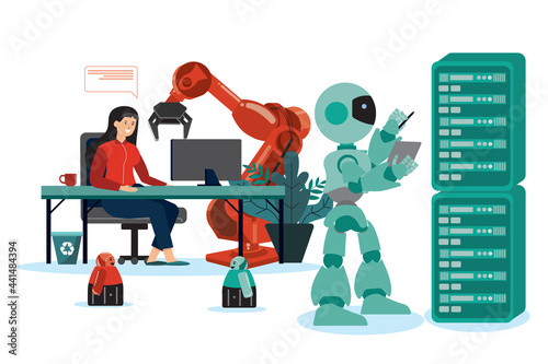 Flat illustration, future collaborative robots make business develop well, it's a modern technology.