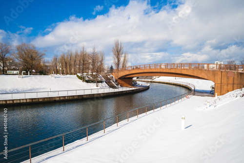 snowscape of Fugan canal kansui park at toyama city in japan photo