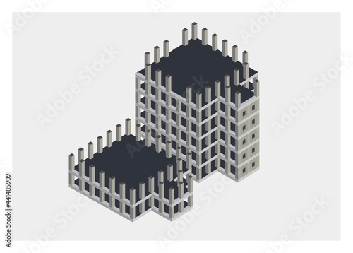 Unfinished skyscraper building in isometric view. 