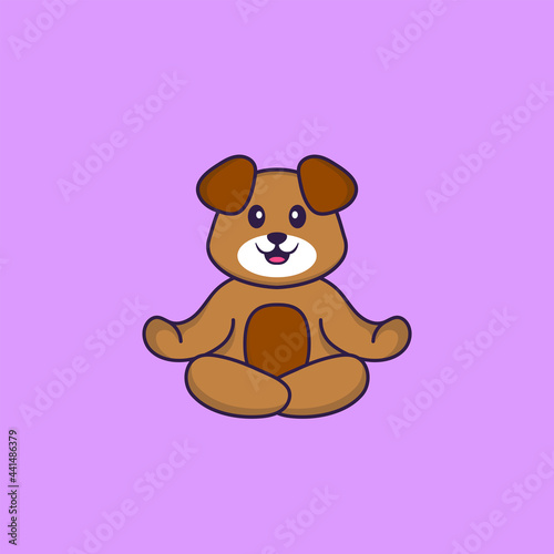 Cute dog is meditating or doing yoga. Animal cartoon concept isolated. Can used for t-shirt, greeting card, invitation card or mascot. Flat Cartoon Style