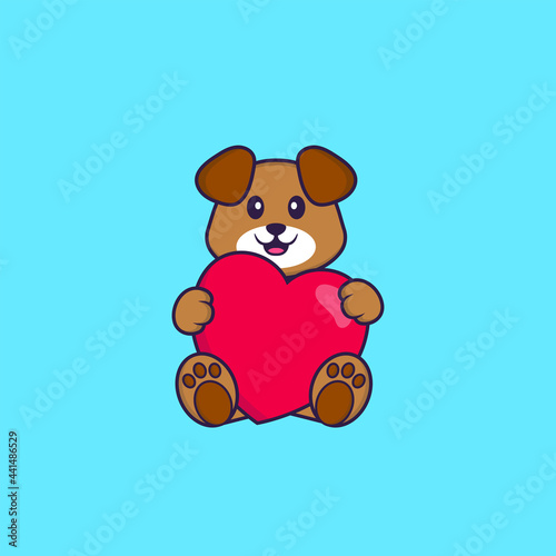 Cute dog holding a big red heart. Animal cartoon concept isolated. Can used for t-shirt, greeting card, invitation card or mascot. Flat Cartoon Style