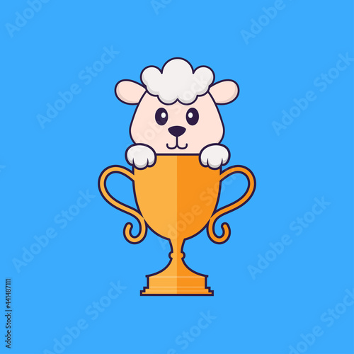 Cute sheep with gold trophy. Animal cartoon concept isolated. Can used for t-shirt, greeting card, invitation card or mascot. Flat Cartoon Style