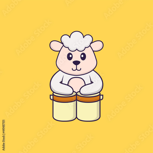 Cute sheep is playing drums. Animal cartoon concept isolated. Can used for t-shirt, greeting card, invitation card or mascot. Flat Cartoon Style