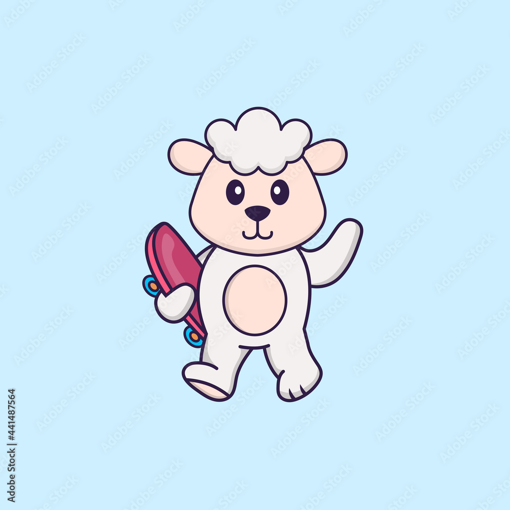 Cute sheep holding a skateboard. Animal cartoon concept isolated. Can used for t-shirt, greeting card, invitation card or mascot. Flat Cartoon Style Cute sheep holding a skateboard. Animal cartoon concept isolated. Can used for t-shirt, greeting card, invitation card or mascot. Flat Cartoon Style